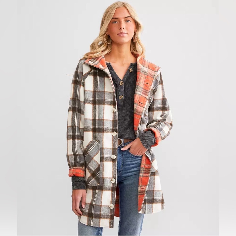 Blank NYC Reversible Wool Blend Plaid Jacket Coat - Coral and Gray, Size XS